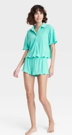 (RFB1) Women's XL Colsie Turquoise Plisse Shirt Collar and Shorts Pajama Set NWT thumbnail 1