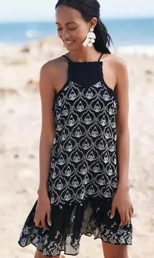 Anthropologie Black Sheer Fully Embroidered Mini Slip Dress Boho Feminine SMALL thumbnail 1