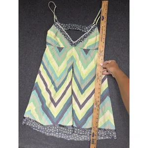 Free People Chevron Turquoise Yellow Slip Sundress Boho M thumbnail 3