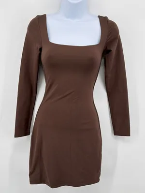 Aritzia Babaton Contour Squareneck Long Sleeve Mini Dress XS Rich Brown Bodycon thumbnail 1