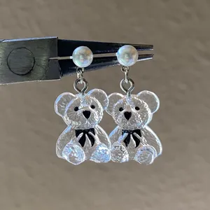 Handmade Antique retro Kawaii cute cottage style clear teddy bear dangle earrings🧸💠 thumbnail 1