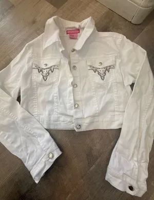 Luvn Luv White Cropped‎ Denim Jacket with Rhinestone Western Detail - Size Large thumbnail 1