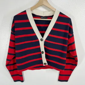 ASOS DESIGN Red Navy Blue Striped Cropped‎ Cardigan White Trim V-Neck Women XS thumbnail 1
