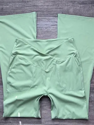 AHQ Green Nylon Activewear Flare Leggings w/ Crisscross Waist & Pockets Sporty L thumbnail 2