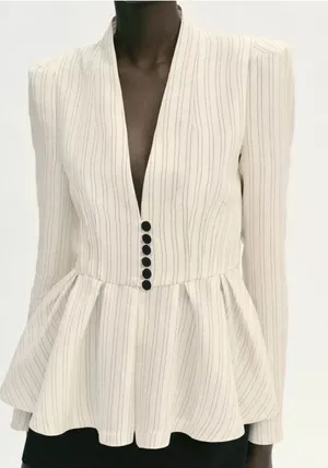 Zara Cream Peplum Pinstripe Button front Blazer Size Medium thumbnail 1