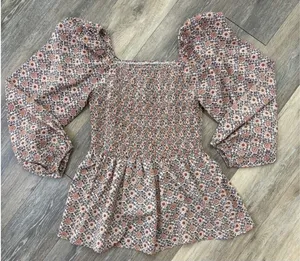 Hayden Smocked Floral Peplum Blouse Large Boho Puff Sleeve thumbnail 1