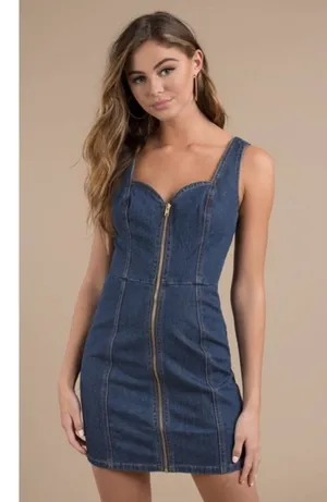Honey Punch Vintange Blue Wash Cotton Denim Zip Mini Dress Size M Preowned thumbnail 1