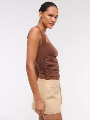 Tan Beige Mid Rise Micro Wrap Mini Skort thumbnail 4