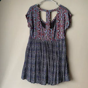 Free People Rayon Boho Beachy Relaxed Geometric T-Back Mini Dress Small‎ Blue thumbnail 6