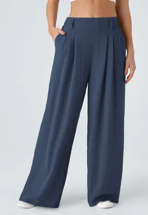 Halara Wide Leg Flowy Solid Palazzo Casual Linen Feel Pants Sec Blue XL petite thumbnail 1