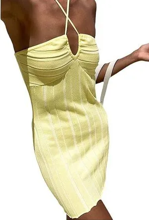 Amazon Yellow Knit Tie Bodycon Dress thumbnail 1