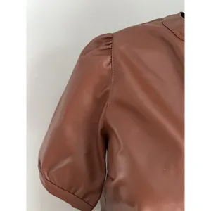 Steve Madden Cognac Brown Faux Leather V-Neck Puff Sleeve Mini Dress Size Medium thumbnail 4