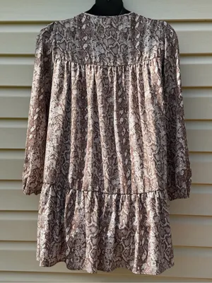 Peach Love California Snake Print Babydoll Dress Brown Cream USA Made L thumbnail 3