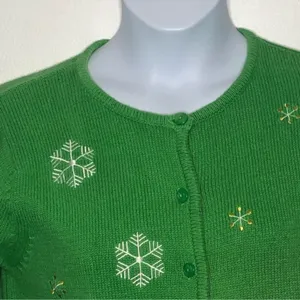 Classic Elements Vintage 90s Christmas Cardigan Green Embellished Holiday Sweater Grandma Core M thumbnail 8