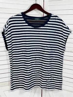 Lauren Ralph Lauren Sequin Striped Cap Sleeve Top Blue White Large Nautical thumbnail 7