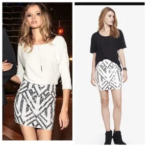 Express Sexy White and Silver Sequin Aztec Lined Mini Party Skirt Womens XS‎ thumbnail 2