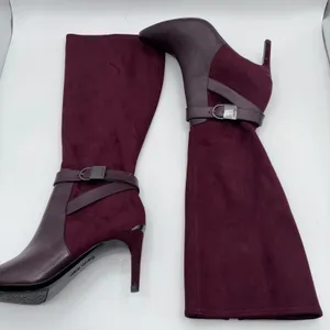 Calvin Klein Jemamine Wide‎ Calf Tall Boots Burgundy Suede Leather Heel Size 6.5 thumbnail 4