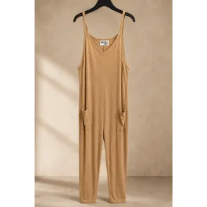 Bucket List Women Jumpsuit Large Tan Relaxed V-Neck Pocket Knit R5211 thumbnail 2