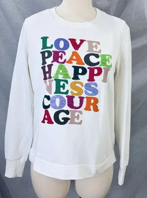 Garima Dhawan‎ Anthropologie Love Peace Happiness Courage Sweatshirt White XS thumbnail 1