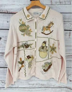 Vintage Ugly Christmas Sweater Women's‎ XL Pink Winter Holiday Beaded Cardigan thumbnail 1