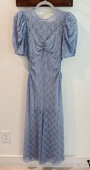Alice McCall On and On Blue Floral Lace Puff Sleeve Cut Out Midi Dress US 6 thumbnail 1