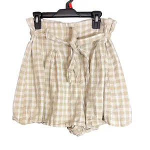 Zara Womens Size Large Beige Gingham Paperbag Waist Linen Blend Shorts Tie Belt thumbnail 2