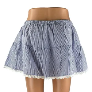 NEW Edikted Blue White Seersucker Striped Tiered Lace A Line Mini Skirt Size M thumbnail 3