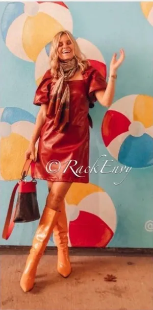 Anthropologie Red Faux-Leather Puff-Sleeve Mini Dress with Bow thumbnail 1