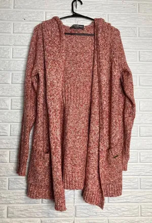 Eddie Bauer Lounge Hooded Cardigan‎ Womens Medium Pink Marled Knit Open Front thumbnail 1