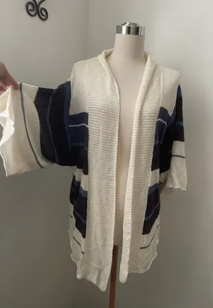 Lucky Brand Open-Front Striped Cardigan in Cream and Navy thumbnail 1