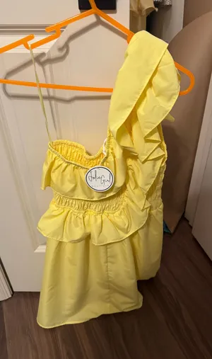 Yellow one shoulder ruffle dress thumbnail 1