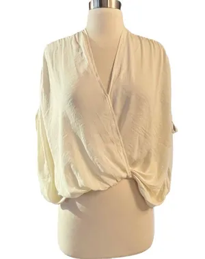FREE PEOPLE Rachel Silky Top Ivory V-Neck Slinky Jersey Cropped Medium NWOT thumbnail 13