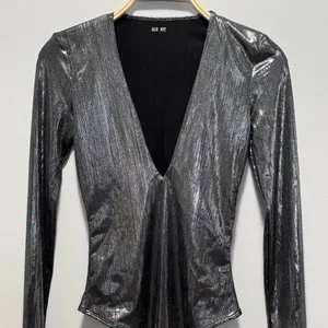 Alix NYC Irving Lamé Bodysuit Small Gunmetal Metallic Deep V-Neck Long Sleeve thumbnail 4