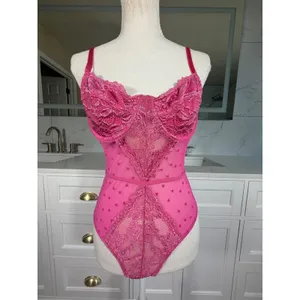 Pink Lace Teddy Bodysuit Womens Large Heart Print Sheer Mesh Underwire Lingerie thumbnail 11