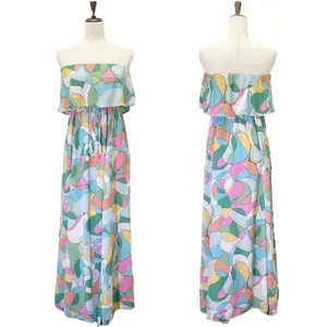 Japna Strapless Flounce Top Summer Maxi Dress Retro Aqua & Pink Print Size Small thumbnail 15