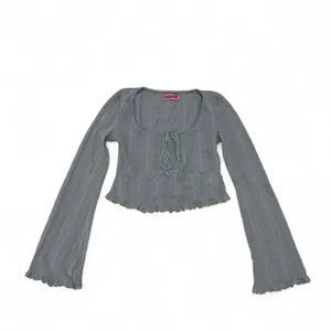 Edikted Lacey Ruched Bell Sleeve Stretch Cotton Crop Top thumbnail 2