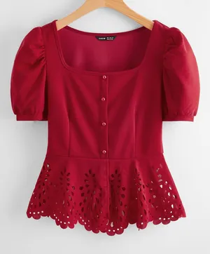 SHEIN Blouse Red Laser Cut Peplum Puff Sleeve Button Front XL Women thumbnail 1