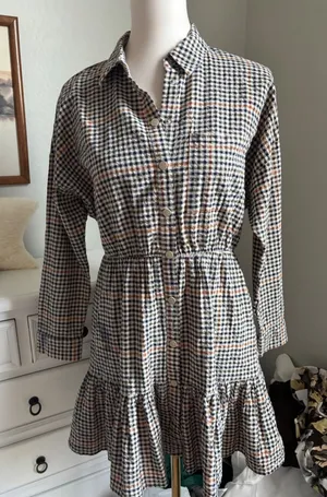 Plaid Mini Shirt Dress Gingham Ruffle Hem Button Down Long Sleeve Tiered Casual thumbnail 1
