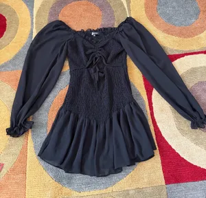 French Kiss Black Ruched Very Short Mini Dress Sheer Long Sleeve Cutout Medium thumbnail 1