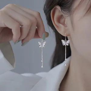 925 Silver Plated Tassel Crystal Butterfly Dangle Drop Earrings for Women thumbnail 1