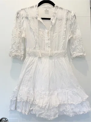 Sunday Best Boho Lace Trim Cotton Dress with Tassel Tie 2 - White thumbnail 1