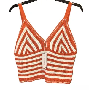 No Comment NY LA V Neck Crochet Striped Crop Tank Top Orange White Juniors XL thumbnail 1