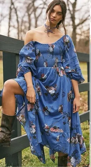 Free People S Morning Glory Floral Print Scoop Neck‎ Long Sleeve Boho Maxi Dress thumbnail 1