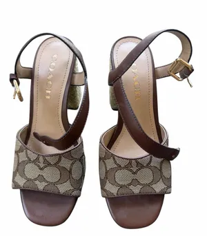 NEW Coach Logo Maddy Sandal Khaki Saddle Summer Woven Block Heel $198.00 Tan thumbnail 2