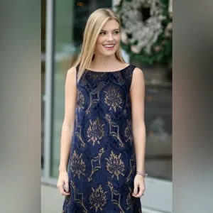 LOFT Shift Dress‎ Navy Blue Gold Damask Velvet Burnout Sleeveless Womens XS thumbnail 2
