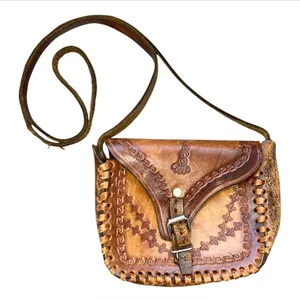 Vintage brown Tooled Leather Crossbody Bag boho retro western purse handcrafted thumbnail 1