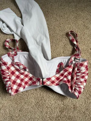 Unique Vintage Red & White Gingham Retro Bikini Top With Large White Bow thumbnail 7