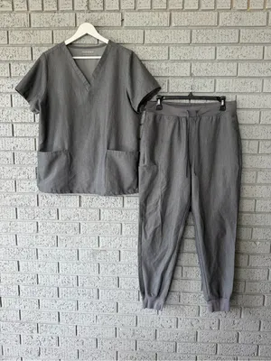 Mandala Scrub Set Charcoal Grey V Neck Top High Waisted Joggers Size Medium thumbnail 4