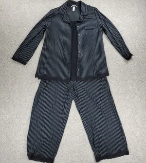 Soma Cool Collection Night Pajama Set S/M Black Stripes Lace Trim Crop Button Up thumbnail 1