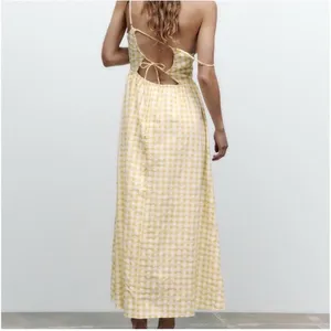 NWT ZARA Gingham Dress Yellow White XXLarge Beaded Open Back thumbnail 7